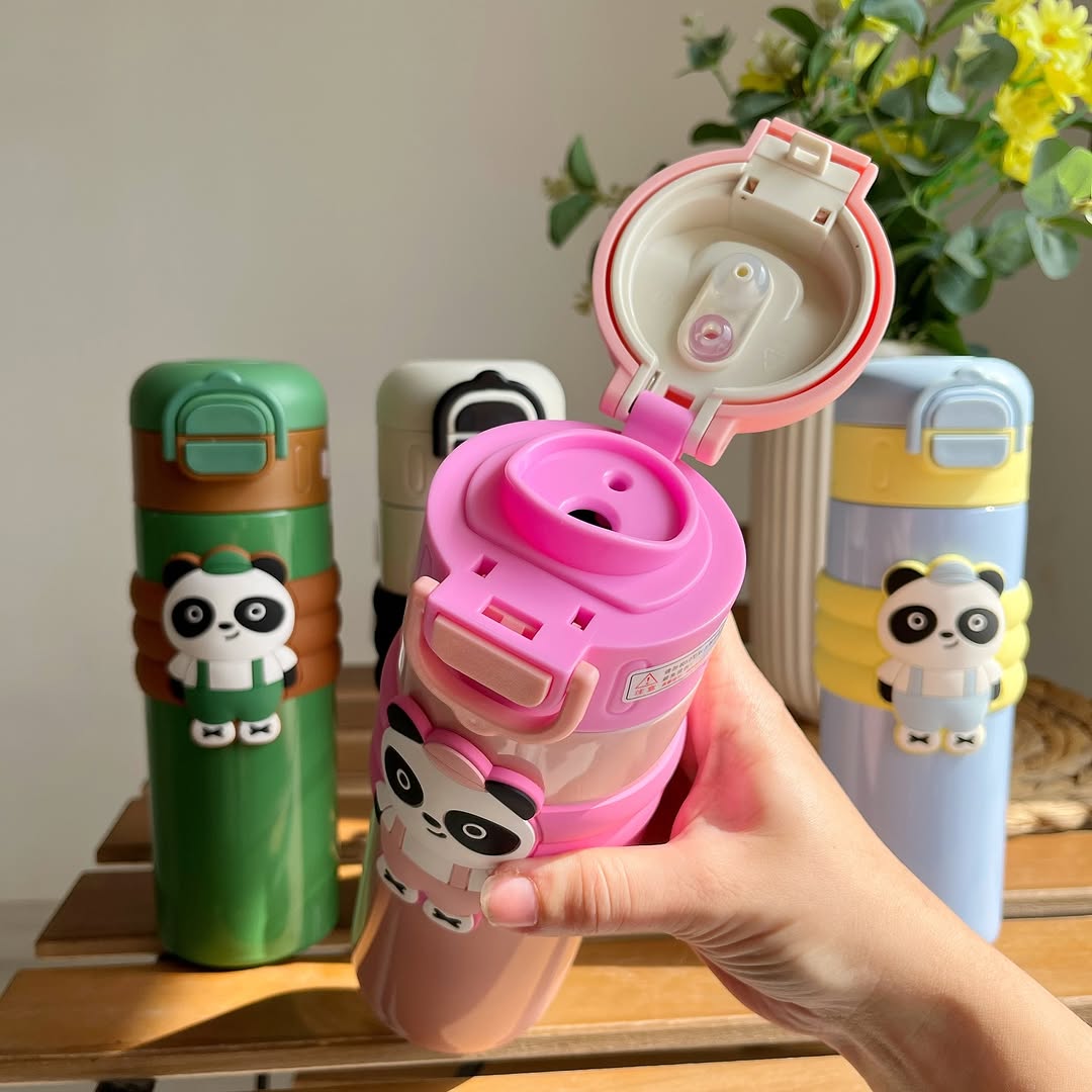 Dual Cap Insulated Panda Bottle β Leak-Proof Stainless Steel Water Bottle for Hot & Cold Drinks