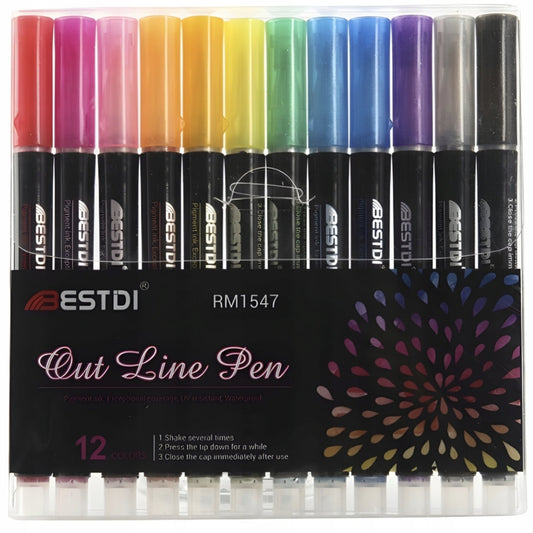 12-Color Shimmer Outline Pens - Self-Outline Metallic Markers for Crafts, Journaling, and Artwork
