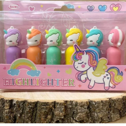 Unicorn-Themed 6 PCs Set of Highlighters - Cute Cartoon Unicorn Character Highlighters