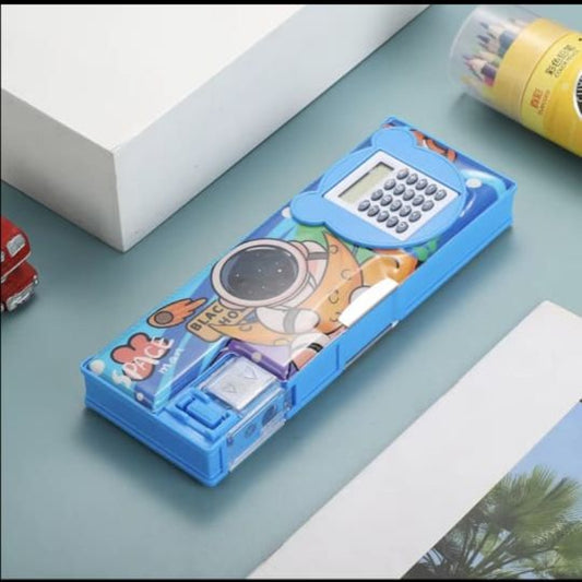 Magnetic Geometry Box with Calculator & Sharpener – Dinosaur & Astronaut Theme Pencil Case for Kids | Multi-Compartment Fancy School Box