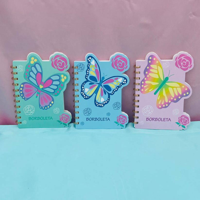 Coloured Butterfly Hard Cover Notepad with Gold Foiled Metal Spiral Rings - Easy 360° Rotate & 70 Lined Pages